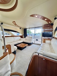 the interior of a luxury motor yacht